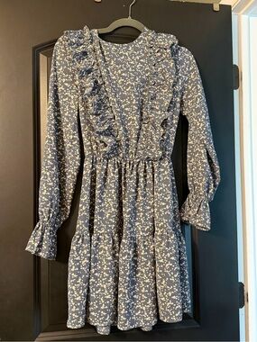 Blue Floral Ruffle Long-Sleeve Dress